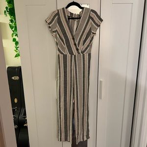 Urban outfitters gray, pink and white linen jumpsuit